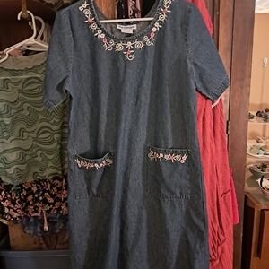 Vintage Chambray Dress with Floral Embroidery